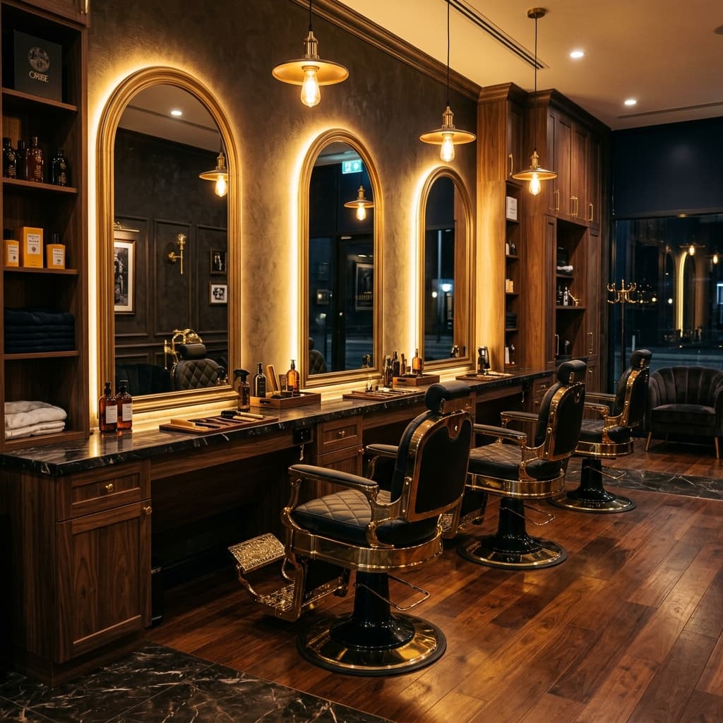 Interior de barbearia de luxo com cadeiras douradas